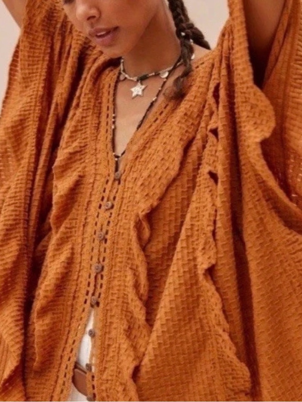 Free People Beach Rust Orange Waffle Knit Ruffle Button-Down Top